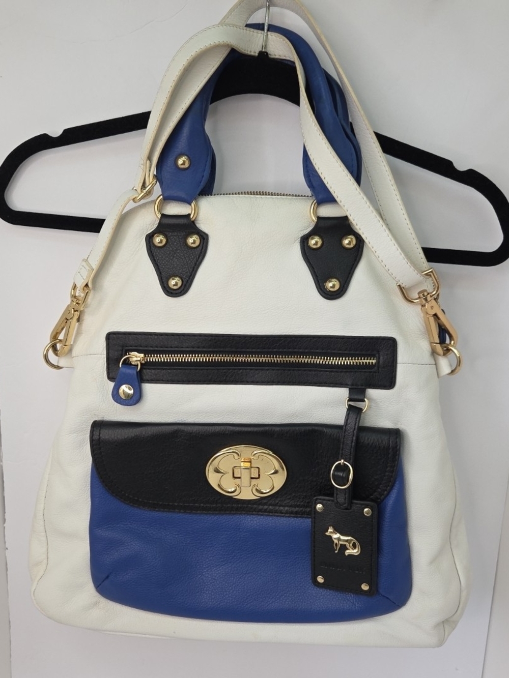 Emma Fox White, Blue & Black Shoulder Bag with Gold Hardware 16"x14"x3"